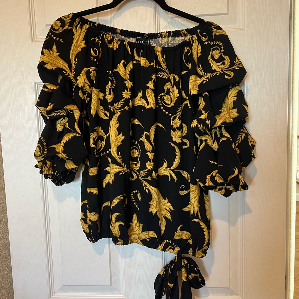 Coco Bianco Black and Gold Ruffled Tie Front Blouse